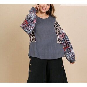 New Umgee Top Waffle Knit Animal Aztec Puff Sleeve Boho Peasant Plus Size